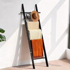 Farmhouse Wooden Blanket Ladder with Removable Hooks, 6-Tier Rustic Blanket Rack Decorative Stand, Leaning Towel Quilt Displa