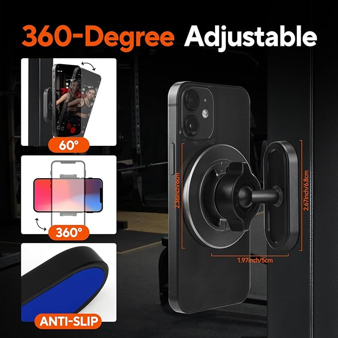 Gym Magnetic Phone Holder with Magnet Base Attach to Metal Surface, 360° Rotatable Gym Phone Holder Magnet Mount for Workout Recording, Compatible with MagSafe iPhone 17-12
