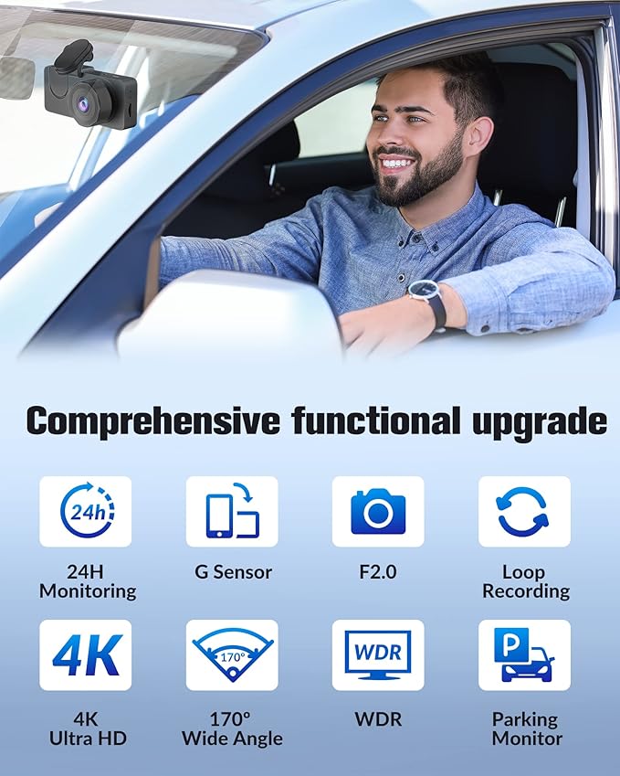 Dash Camera for Cars,4K Full UHD Car Camera Front Rear with 32GB Card,Built-in Super Night Vision,2.0'' IPS Screen,170°Wide A