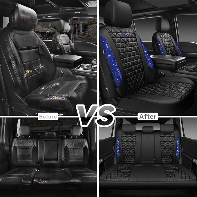 CAR PASS Bling Diamond Black Leather Car Seat Covers Full Set Interior Sets, Waterproof Shining Glitter Sparkly Crystal Unive