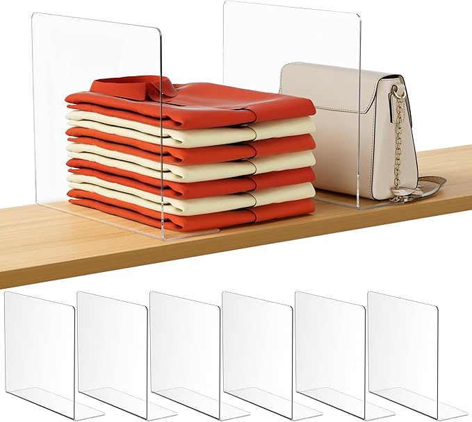 HBlife Acrylic Shelf Dividers for Closet Organization, 6 Pack Clear Sturdy Separate Closet Dividers for Shelves, Adjustable P