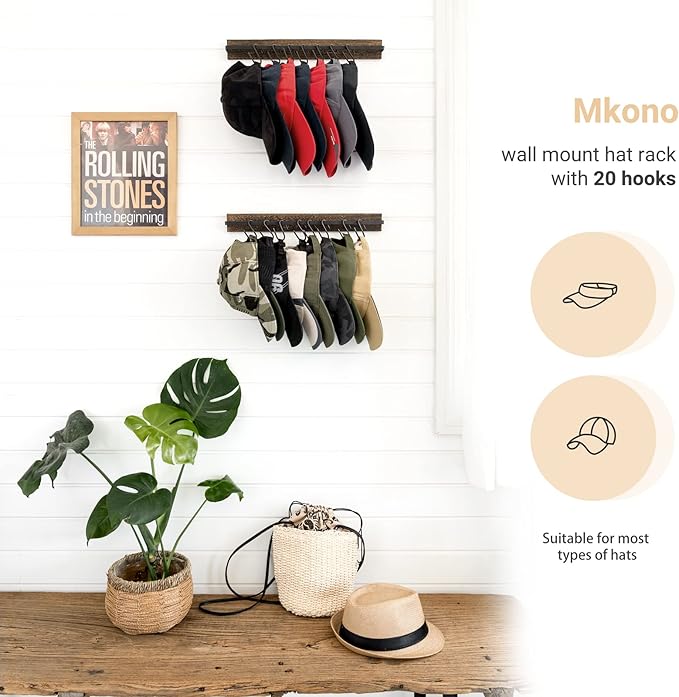 Mkono Hat Rack for Wall Wooden Baseball Caps Organizer with 20 Hooks Rustic Cowboy Hanger Mounted Hats Display Closet Bedroom