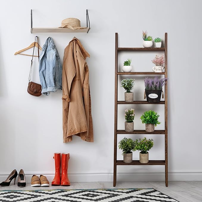 Rustic 5-Tier Wall-Leaning Wood Loadder Towel Racks for Bathroom Livingroom Kithen Office Woden Farmhouse Ladder-Style Blanke