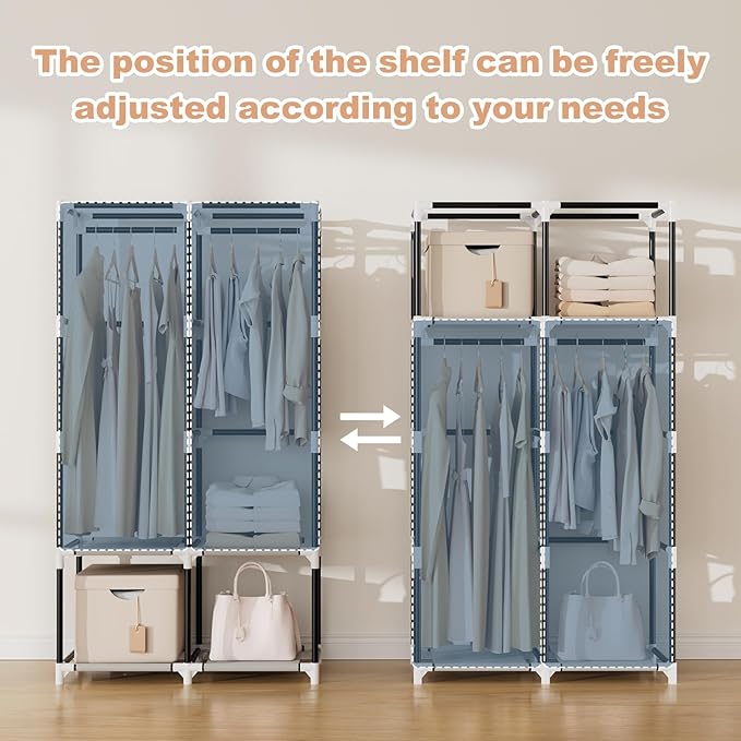 VTRIN Portable Closet Wardrobe Closet for Hanging Clothes with 4 Storage Shelves, 2 Hanging Rods and 6 Pockets, Stable and Ea