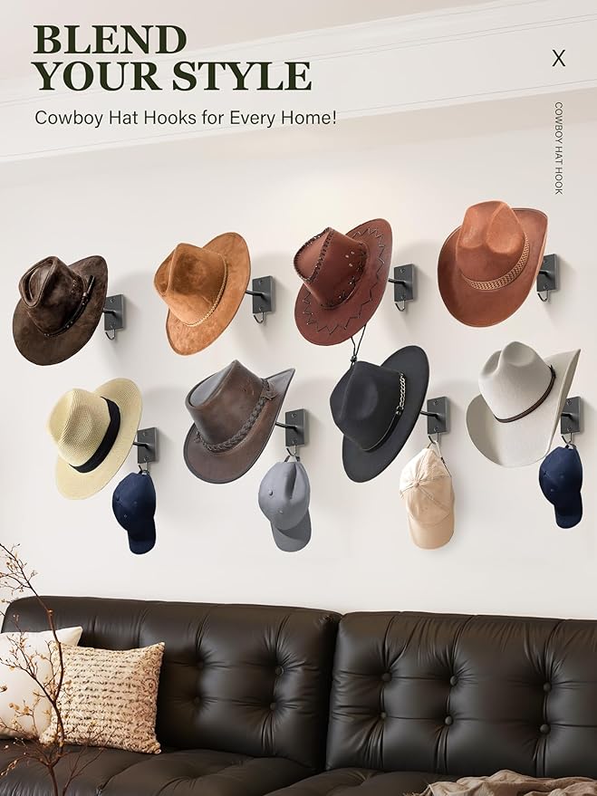 Cinati Cowboy Hat Rack for Wall 8 Pack, Cowboy Hat Holder Wall Mount, Western Rustic Metal Hats Hanger Hooks Organizer for Fe