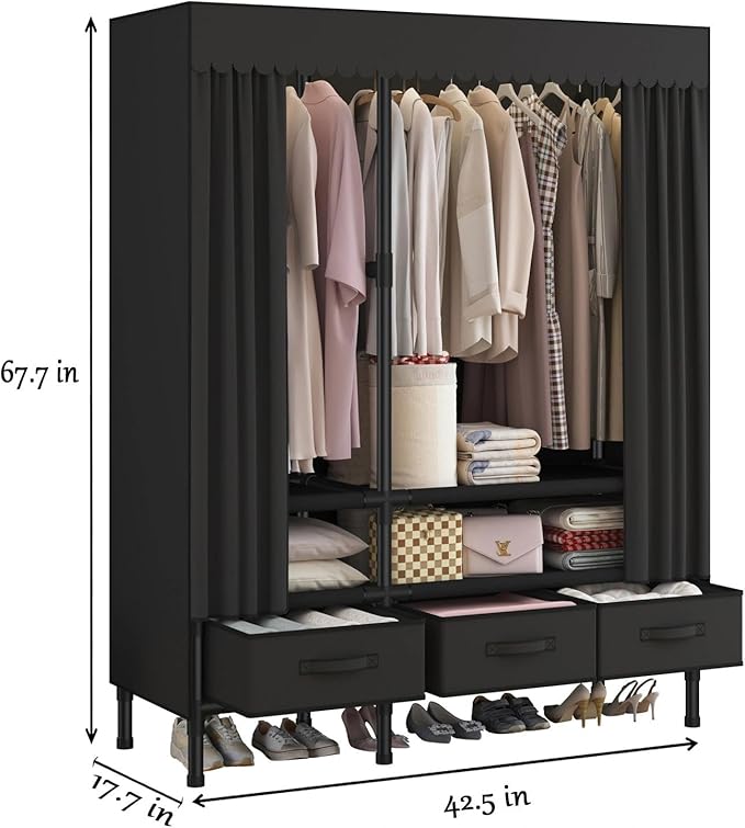 Portable Closet,Garment Rack,Heavy Duty Clothes Rack with Cover,Wardrobe Closet with 1 Hanging Rods, 2 Storage Shelves and 3 