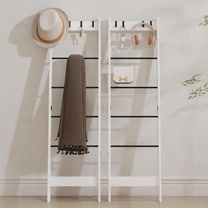 TRIFEBLE 6 Tier Blanket Ladder Shelf for Living Room and Bedroom, Ladder Holder with 4 Metal Hooks, 5.2ft Blanket Quilt Holde
