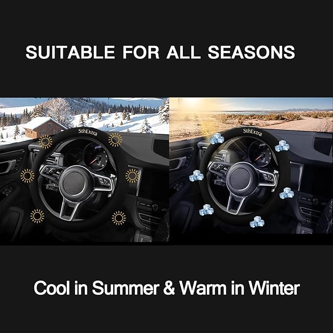 Suede Steering Wheel Cover with Upgraded Silicone Inner Ring, Anti Heat, Breathable, Anti-Slip, Leather Universal 14.5 to 15 
