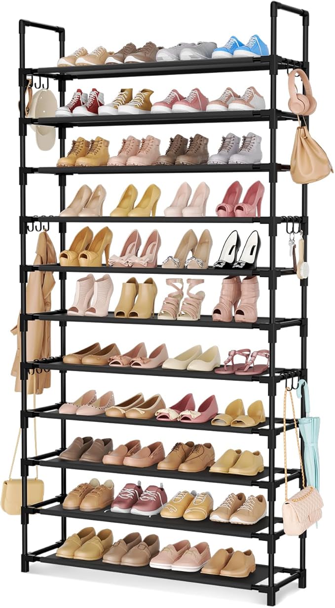 LANTEFUL 11 Tiers Tall Shoe Rack Holds 55 Pairs of Shoes with 18pcs Hooks Sturdy Wide Shoe Organizer Storage Free Standing Me
