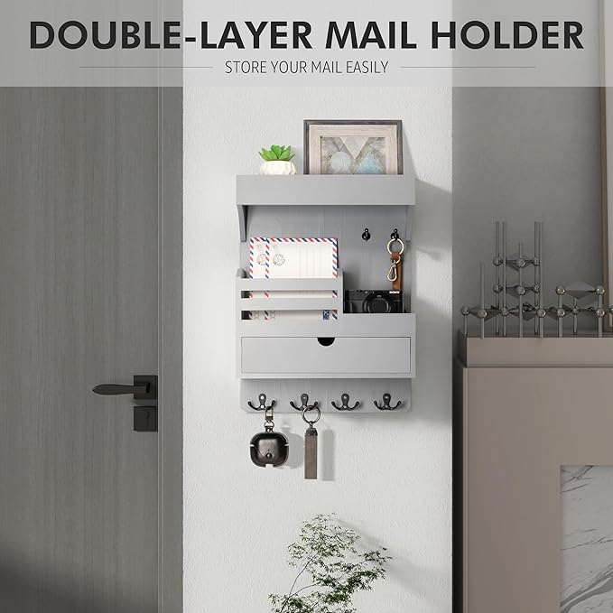 Rebee Vision Wooden Key Holder Wall Mount with Drawer Organizer – Modern Mail and Key Organizer for Wall Featuring 6 Robust H
