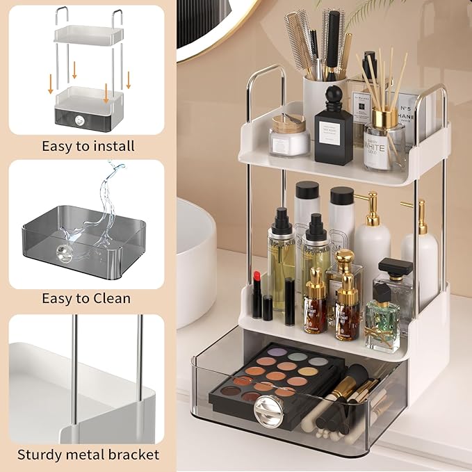Bathroom Counter Organizer, 2 Tiered Organizer Countertop with Drawer, Makeup and Skincare Storage for Vanity, Desktop, Bathr