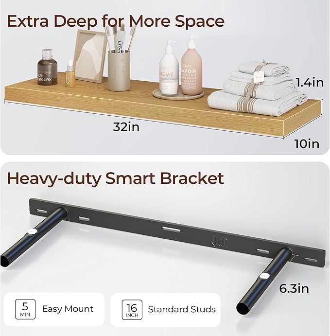 Fun Memories Floating Shelves for Wall 32 Inch Set of 3, Farmhouse Floating Shelves with Invisible Heavy Duty Bracket, 10 Inc