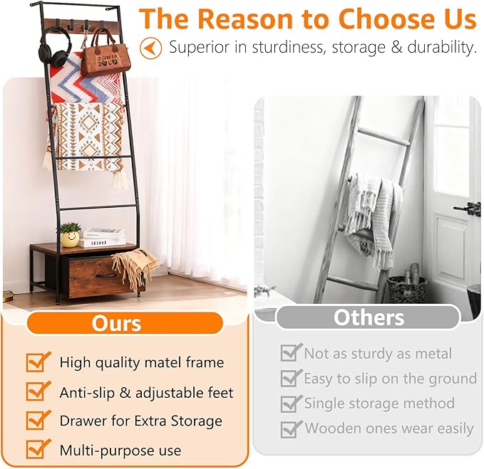 Metal Blanket Ladder with Storage Drawer, 5 Tier Rustic Blanket Rack with Hooks for Living Room, Bedroom, Farmhouse Decor – 5