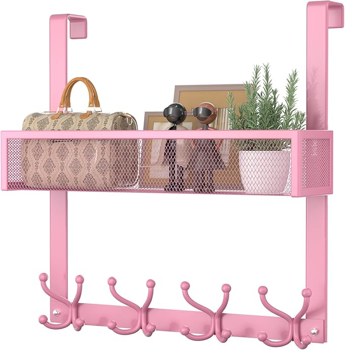Consumest Over The Door Hooks Organizer - Over Door Hanger with 16 Hooks & 2 Baskets for Hanging Coat, Clothing, Towel, Back 