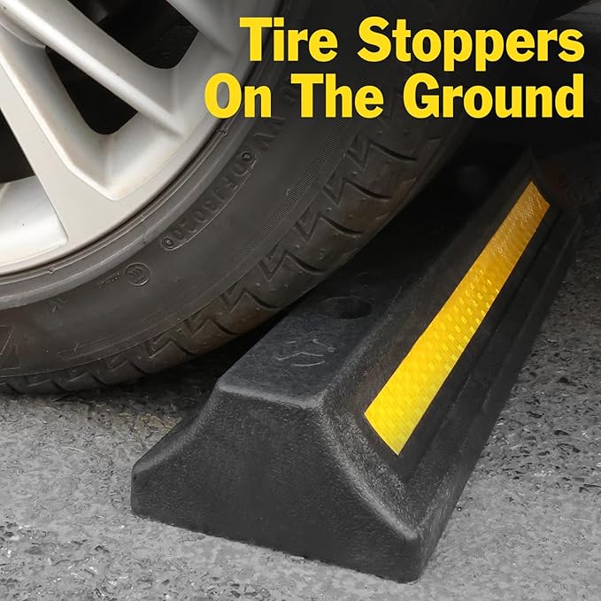Pack of 4 Garage Parking Aid, 16.9'' Parking Stopper for Garage, Heavy Duty Rubber Garage Car Stopper with Reflective Yellow Tape Curb, Parking Gadgets Protects Garage Walls and Car