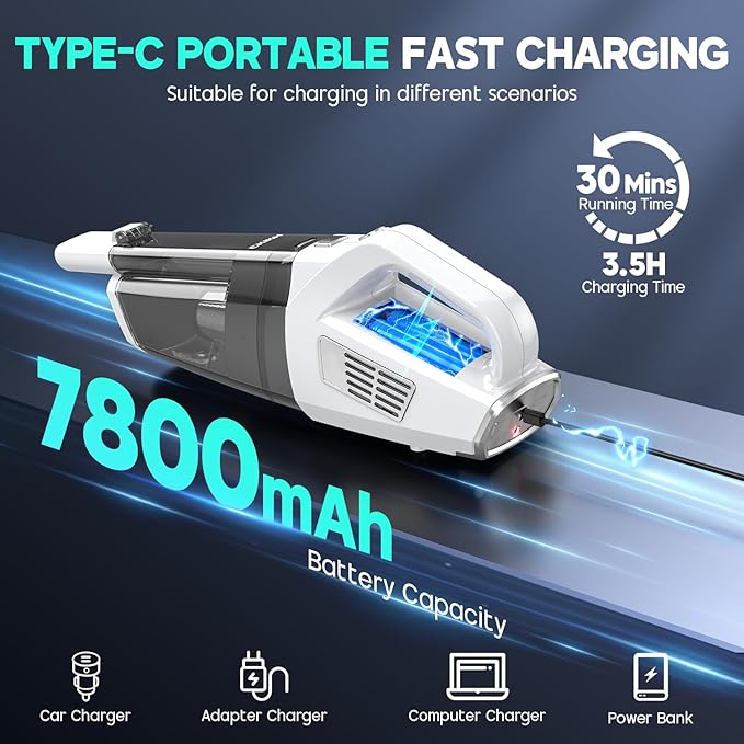 Handheld Vacuum Cordless, 15000PA Strong Suction Hand Held Car Vacuum Cleaner Portable with Multi-Nozzles & Washable Filter, 