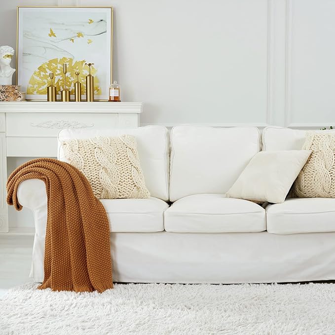 Chunky Cable Knit Throw Blanket Lightweight Burnt Orange 100% Organic Cotton Blanket for Sofa Couch Bed Baby Nursery, Rustic 