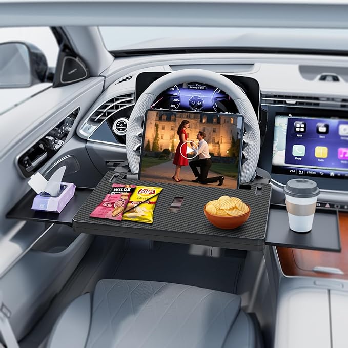 Steering Wheel Tray, Car Food Tray, Car Desk for Laptop, Carbon Fiber Look Multipurpose Car Table for Eating & Work, Adjustable Car Tray with Drawer and Anti-Slip Protective Adhesive