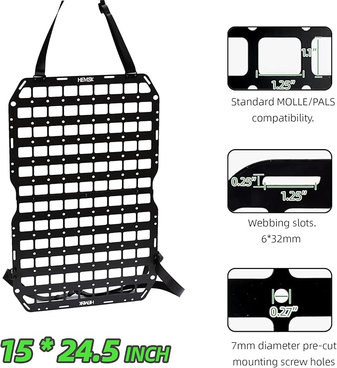 Metal Molle Panel for Vehicles & Trucks Seat Back (1 Seat Kit) – Premium 2mm Aluminum Alloy Organizer Compatible with Molle/PALS Gear, Heavy-Duty Car Storage