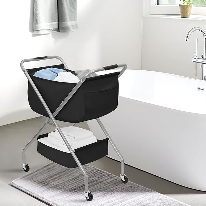 STORAGE MANIAC Collapsible Laundry Cart with Wheels 31.5"H Rolling Laundry Hamper Clothes Basket with Wheels, Canvas Liner St