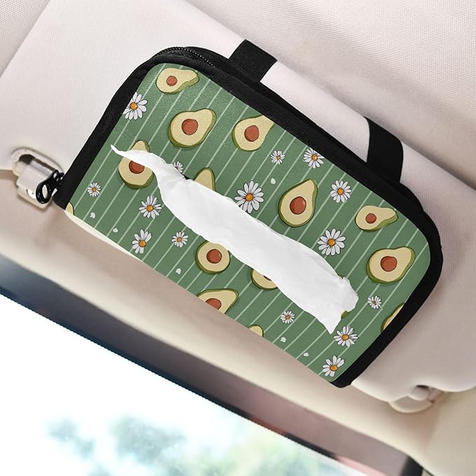 Car Tissue Holder Car Visor Organizer Tissue Box Holder for Car Sun Visor Organizer with Car Vehicle Accessories Essentials Interior for Women Men Green Striped Avocados and Daisies