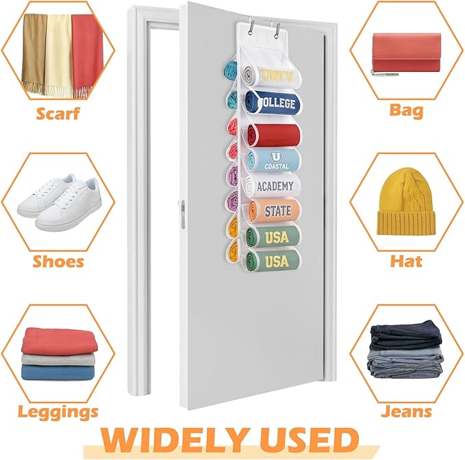 Over The Door Hoodie Organizer, Double Sided Holds 16 Hoodies, White Hanging Storage with 2 Hooks and Rope for Door Closet Ca