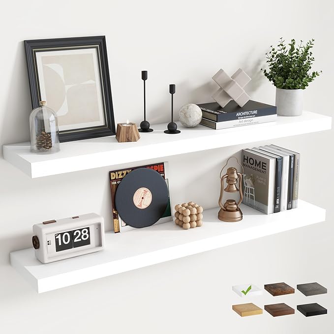 48 Inch Floating Shelves for Wall Set of 2, 8"D Wood Grain Bathroom Shelves with Invisible Brackets, Easy Install Engineered 