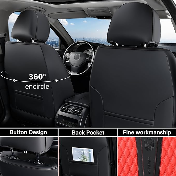 Coverado Car Seat Covers Full Set, 5 Seat Leather Seat Covers for Cars, Car Seat Protector with Lumbar Support, Waterproof Se