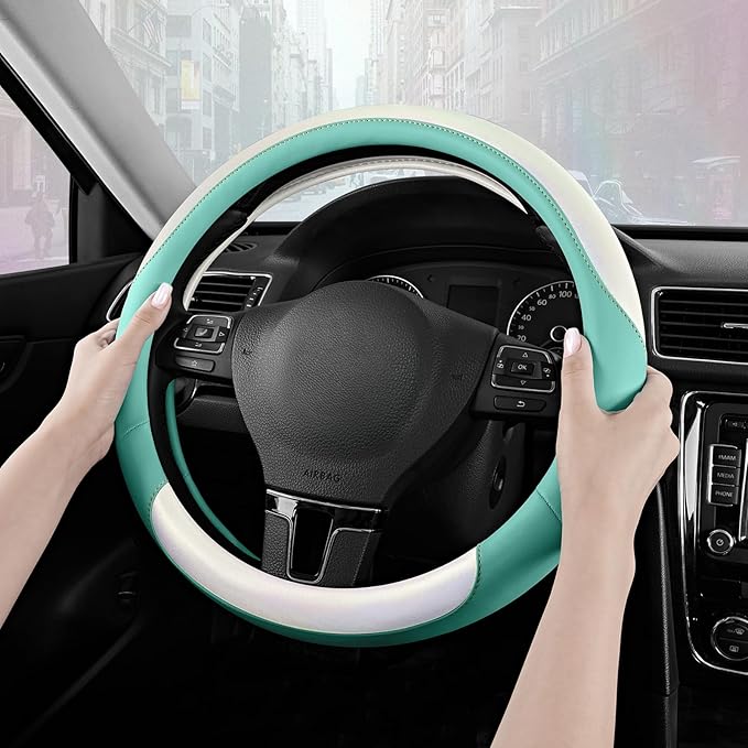 Road Comforts Steering Wheel Cover – Breathable Leather Steering Wheel Cover, Anti-Slip Grip, Universal Fit 14.5” to 15”, Hea