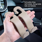 Leather Car Hooks for Headrest - Fully Leather-Wrapped U-Shaped Purse Holder for Car, Flexible Seat Back Organizer & Durable Car Accessories for Purses, Bags, Coats & More (Beige, 2 Pack)