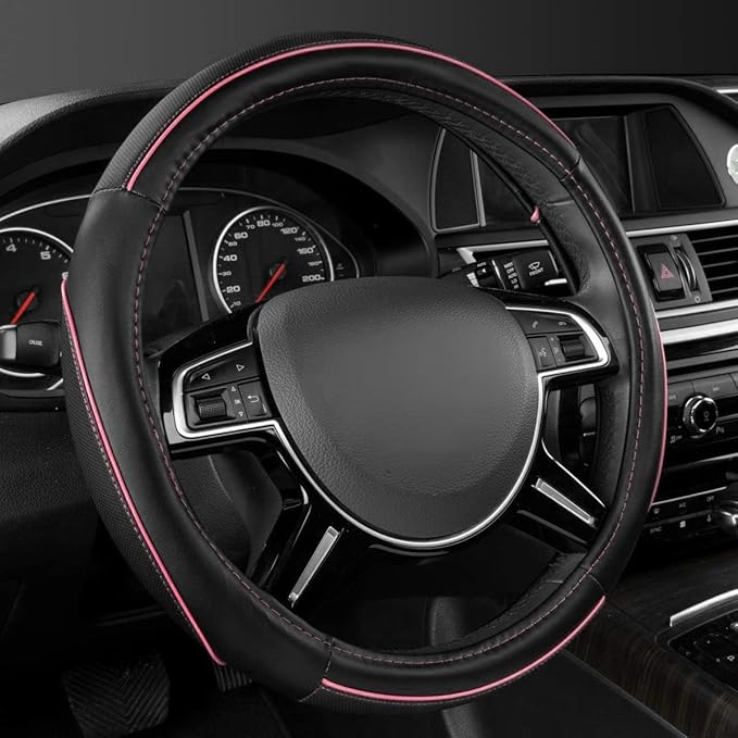 CAR Pass Colour Piping Leather Universal Fit Steering Wheel Cover, Perfectly fit for 14.5-15 inches Suvs, Vans, Trucks, Sedan