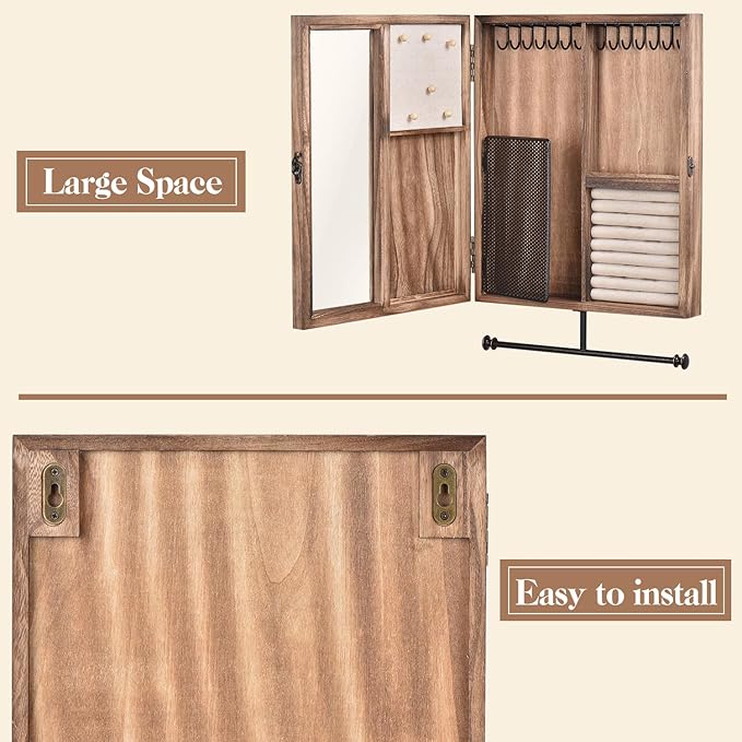 Keebofly Wall Mounted Jewelry Organizer Box Rustic Wood Large Space Jewelry Cabinet Holder Jewelry Storage Box for Necklaces,