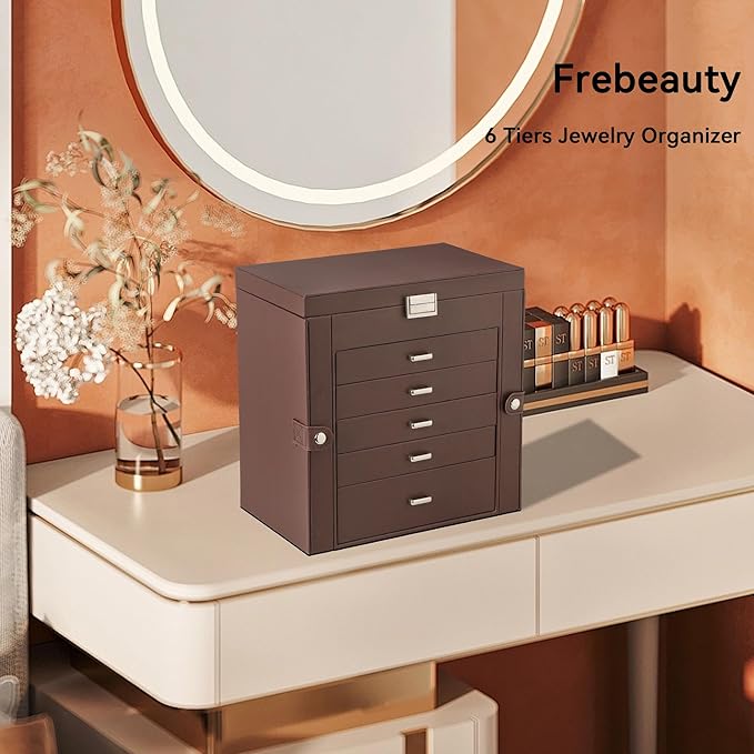 Frebeauty Large Jewelry Box,6-Tier PU Leather Jewelry Organizer,Multi-functional Storage Case with Mirror,Accessories Holder 