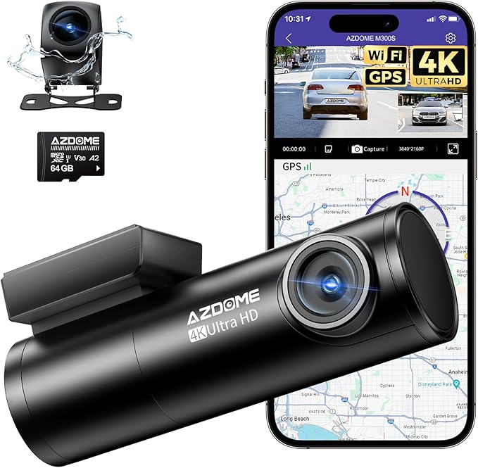 AZDOME M300S 4K Ultra HD Dual Dash Cam Front and Rear, Free 64GB Card, Built-in WiFi GPS Voice Control Car Camera, Night Visi