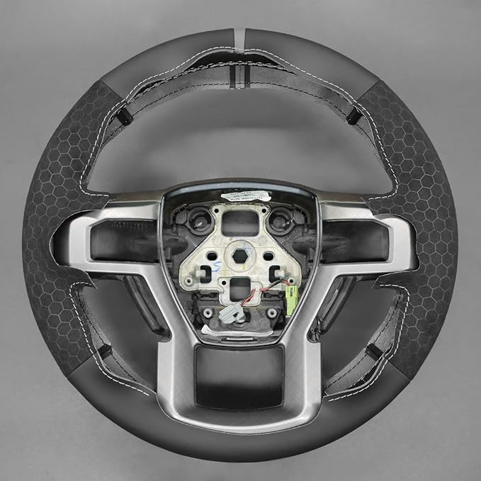 MEWANT Hand Stitch Real Leather Hive Embossed Athsuede Steering Wheel Cover for Ford F150 F250 F350 Expedition 2018-2021