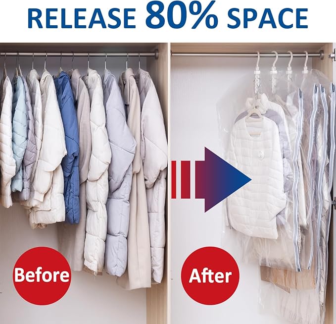 Hanging Vacuum Storage Bags, 6 Pack Hanging Storage Bags for Clothes With Electric Pump, Vacuum Sealed for Suits, Dress, Jack