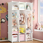 Modular Baby Wardrobe Closet, Portable Children Organizers and Storage for Nursery,15 Cubes with Hanging Rods,Multi-Functiona