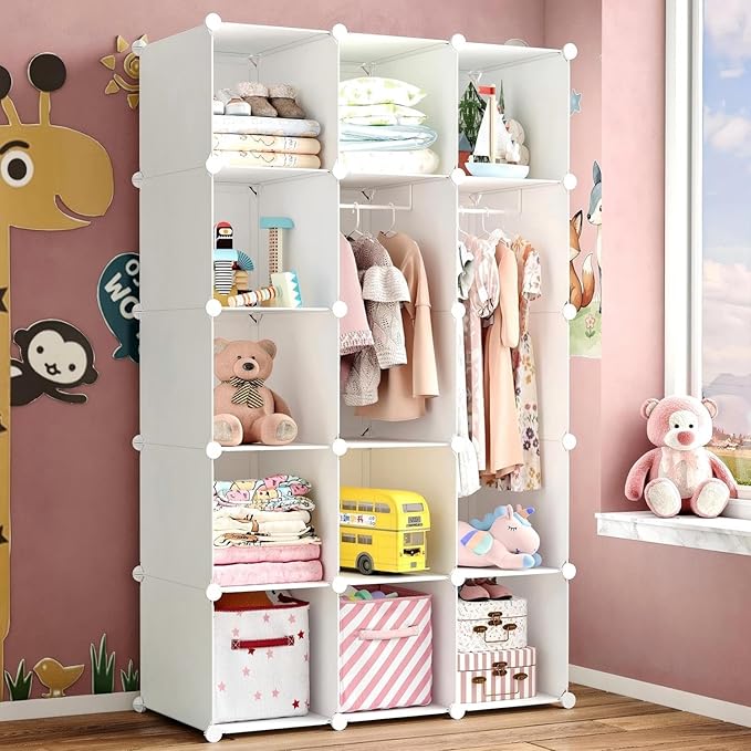 Modular Baby Wardrobe Closet, Portable Children Organizers and Storage for Nursery,15 Cubes with Hanging Rods,Multi-Functiona