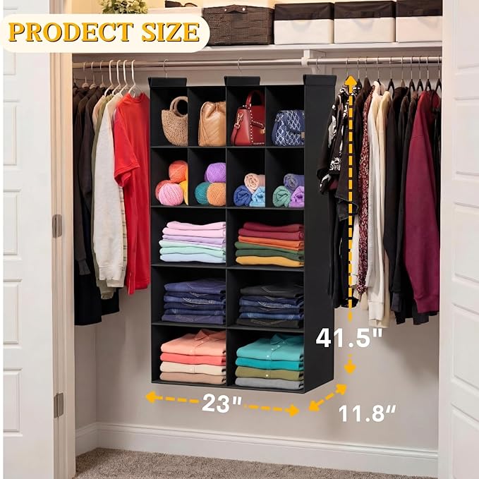 Ofiray-home 5 Tier Hanging Closet Organizer, 14 Compartments Sweater Organizer for Closet with 3 Sturdy Hooks, Closet Organiz