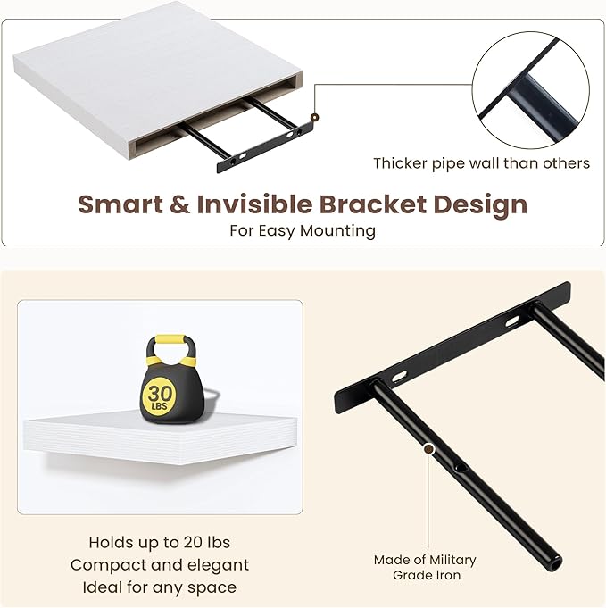Fun Memories Floating Shelves for Wall - 12 Inch Square Shelves with Invisible Brackets, Small Wall Shelf for Living Room, Ba