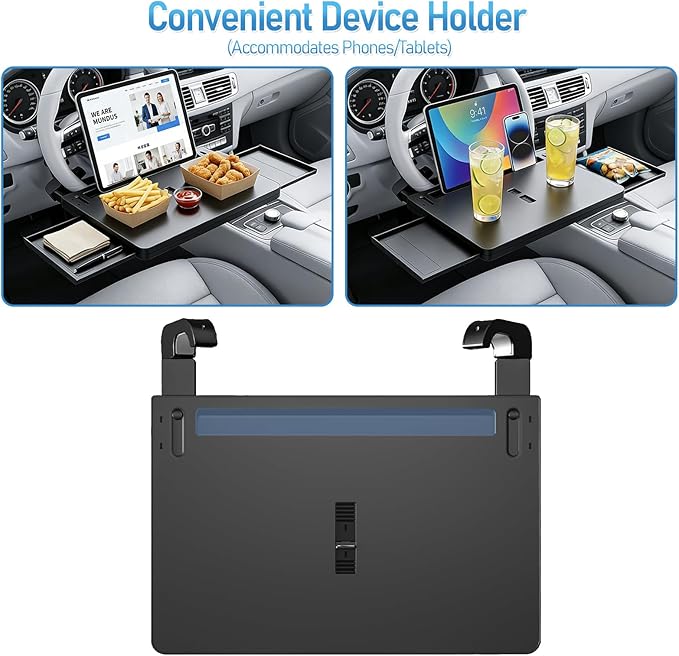2 in 1 Steering Wheel Desk with Dual Slide Out Trays - Adjustable Laptop Holder for car with Tablet Slot Anti Slip Surface for Eating Writing Working Fit for Car SUV