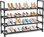 4 Tier Shoe Rack, Shoe Organizer Storage for 16-20 Pair Boot and Sneaker, Stackable Free Standing Shoe Shelf with Hooks and S