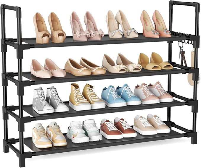 4 Tier Shoe Rack, Shoe Organizer Storage for 16-20 Pair Boot and Sneaker, Stackable Free Standing Shoe Shelf with Hooks and S