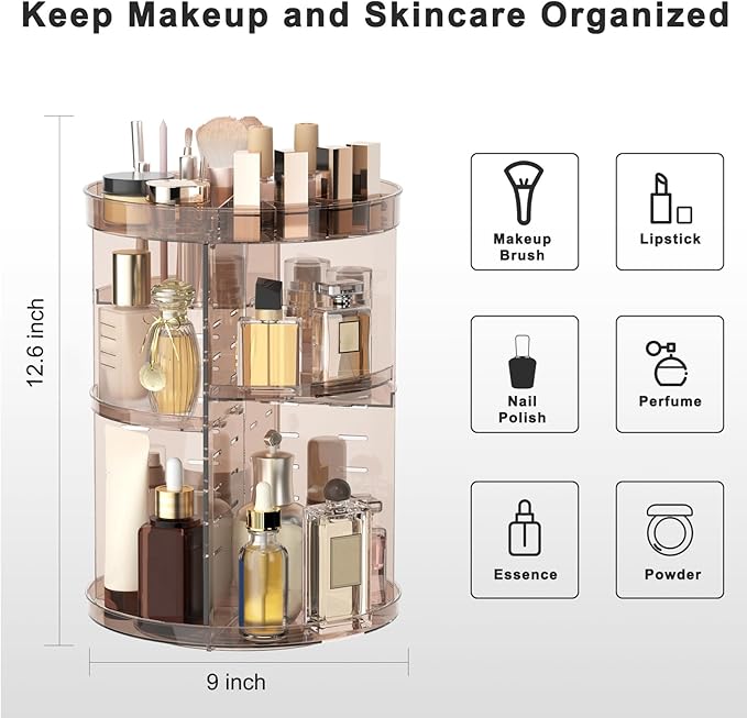 360 Rotating Makeup Organizer with Lipstick Slots, DIY 8 Adjustable Height Spinning Skincare Organizers, Brush and Perfume St