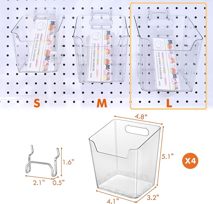 LIGHT DUST Clear Pegboard Cups with Hooks, 1/8" & 1/4" Peg Board Orangizer Accessories Aesthetic Decoration for Garage Workbe