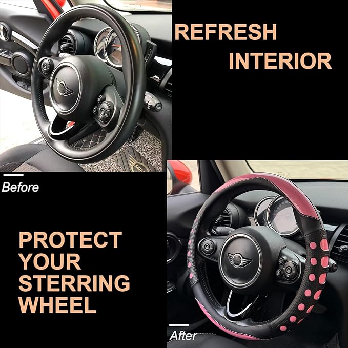 PINCTROT Race Grip Steering Wheel Cover, Anti Slip Silicone Perforated Design with Soft Touch Padding, Enhanced Grip for Sporty Driving 14.5-15 Inch (Racing Pink)
