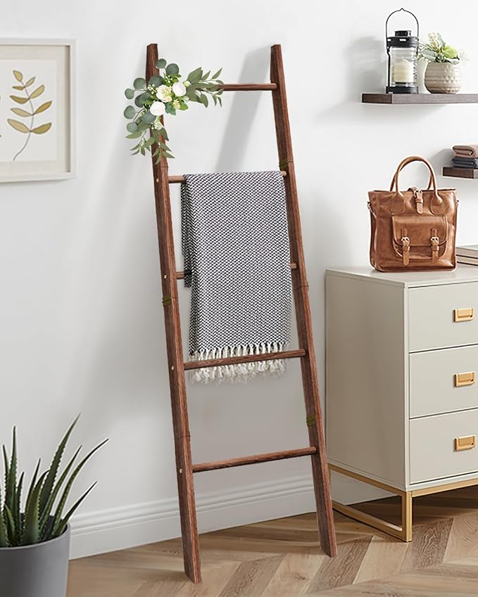 XLHOMO Blanket Ladder for Living Room, 5-Tier Wooden Ladder Shelf, Rustic Decorative Blanket Rack for Blankets, Quilts, Farmh
