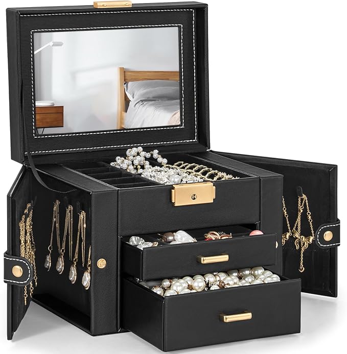 TORIBIO Jewelry Box for Women, Leather Jewelry Organizer with Mirror & Lock, 3-Tier Jewelry Storage Organizer with 2 Drawers 