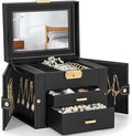 TORIBIO Jewelry Box for Women, Leather Jewelry Organizer with Mirror & Lock, 3-Tier Jewelry Storage Organizer with 2 Drawers 