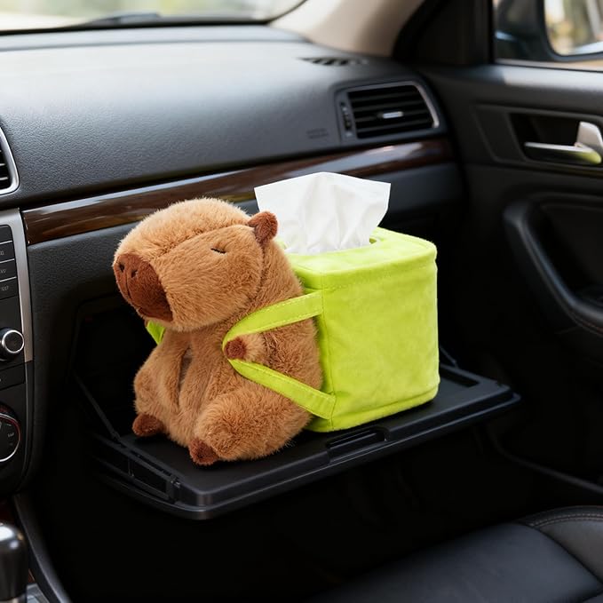 2-in-1 Car Tissue Holder & Trash Bin Organizer Cute Plush Bear/Rabbit/Capybara for Armrest Easy to Install Soft & Adorable (Capybara)